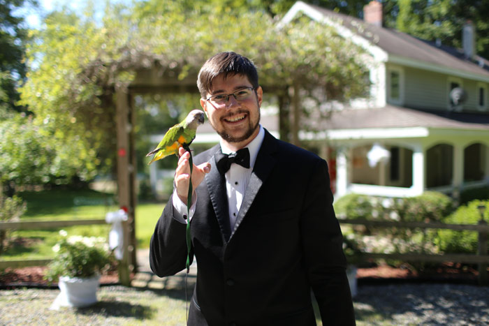 Groom with Senegal Parrot